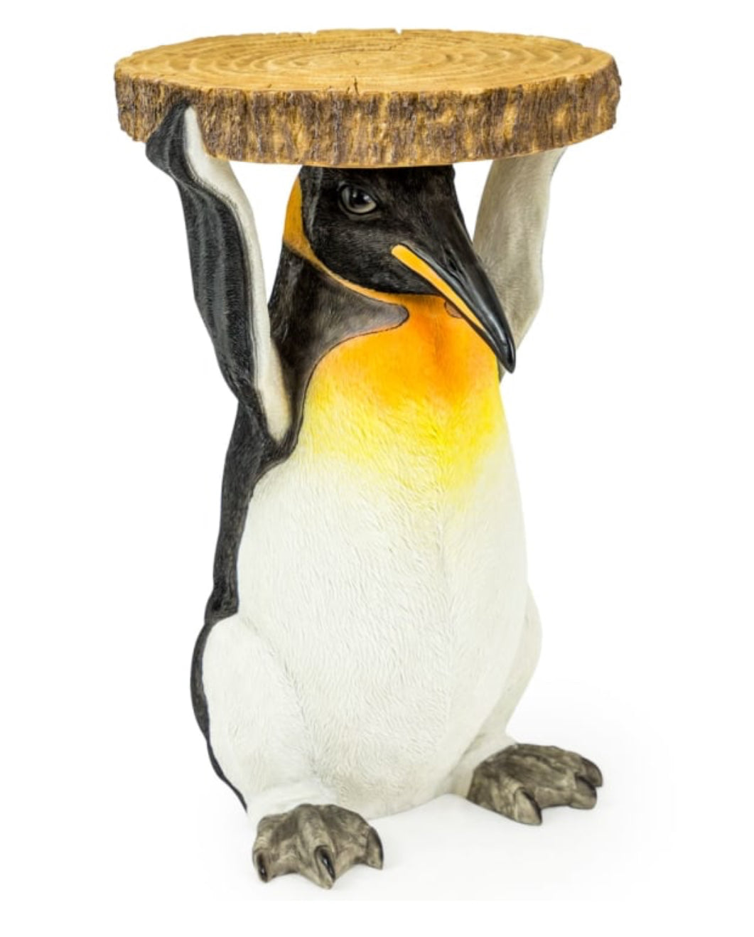 Penguin holding trunk slice side table