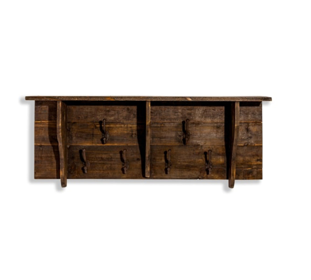 Rustic wooden multi coat hook wall unit